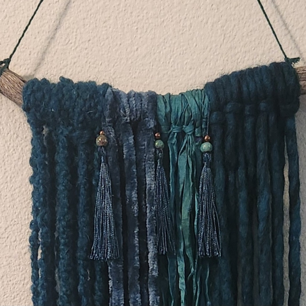 Boho Teal Mixed Fiber Art Wall Hanging - Picture 2 of 4